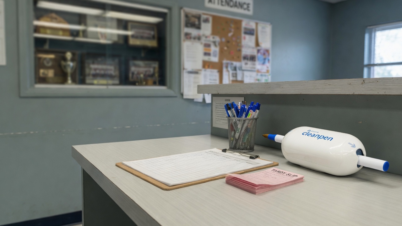 Cleanpen on a school office counter beside a clipboard and tardy slips
