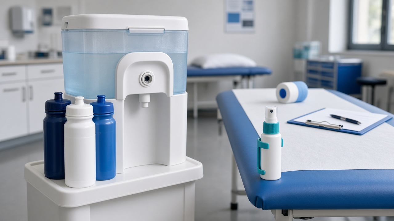 Team water cooler and bottles in a school athletic training room beside a clip-on sanitizer and injury clipboard